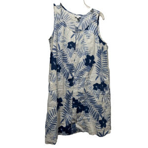 J Jill Love Linen Womens Sz L Batik Blue Floral Linen Sleeveless Shift Dress